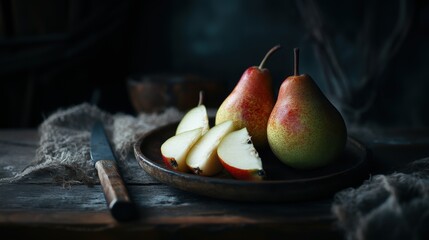 Fresh pear fruit cut on cutting board with knife