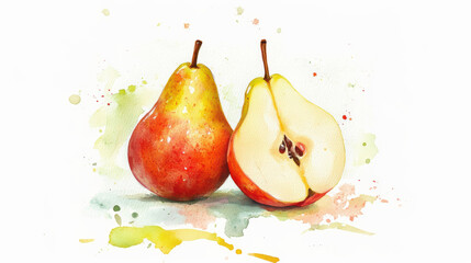 Poster - Artistic watercolor drawing painting of pear fruit and cut