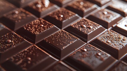 Dark chocolate bar, rich brown color, glossy surface, perfect squares, tempered chocolate, high-quality cocoa, close-up shot, textured detail, gourmet confectionery, indulgent treat.