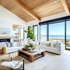 Canvas Print - Modern Coastal Living Room with Ocean View.