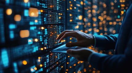 Poster - Hands Typing on Laptop in Front of Digital Data Network