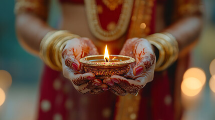 Close-up of woman in traditional attire holding a lit oil lamp with henna-decorated hands. Warm lighting and bokeh in the background. Diwali celebration and cultural tradition concept.