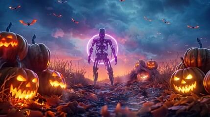 Halloween Skeleton in Pumpkin Patch with Bats Flying