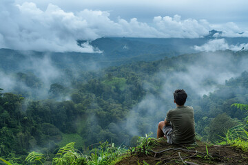 A man is sitting on a grassy hillside, looking out over a mountain range,