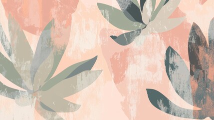 Abstract floral design featuring overlapping leaves in muted green and gray tones set against a textured peach background. The grunge texture adds a vintage and artistic touch to the composition