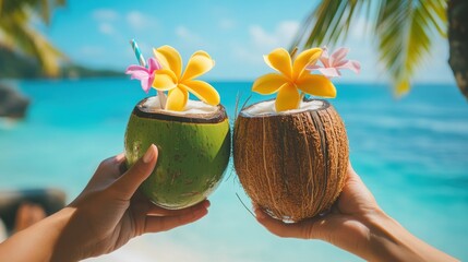 Tasty coconut drink with straw in hand in hot tropical summer