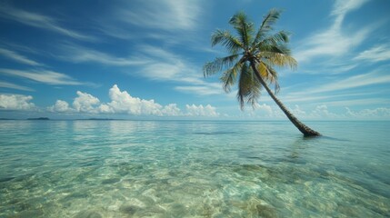 Coconut tree with leaf at sandy beach with clear sea water