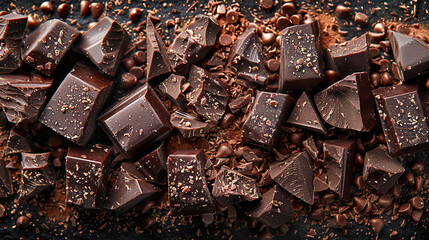 Broken black chocolate bar pieces in dark background