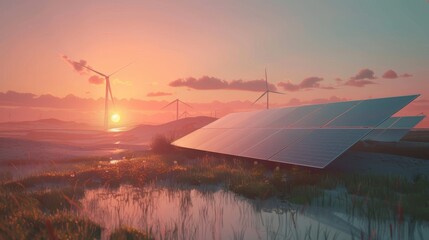 Wall Mural - solar cell in solar farm, alternative energy and sustainable energy, photovoltaic, pure energy renew