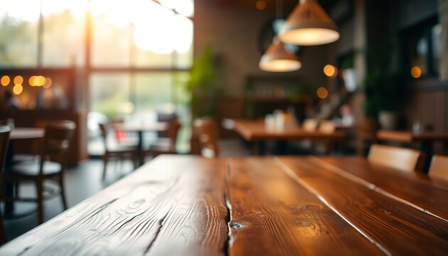 Wooden table in a restaurant with bokeh lights in the background.