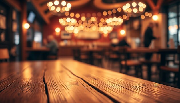 Wooden table in a restaurant with bokeh lights in the background.