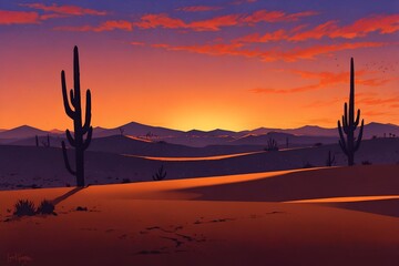 Wall Mural - A serene desert landscape at sunset, where cacti stand silhouetted against a vibrant orange and purple sky, creating a breathtaking natural scene.