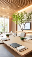 Sticker - Modern Minimalist Office Interior with Wooden Ceiling and Green Plant.