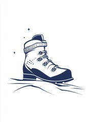 Wall Mural - A sleek ski boot stands prominently on a snow-covered trail, showcasing its stylish design in a winter landscape. Generative AI