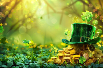 A green hat with gold coins on top of it, generative ai image.,