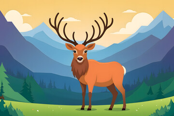 A stylized illustration of a majestic deer standing in a grassy field with mountains and a forest in the background