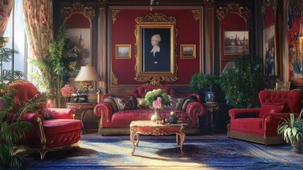 A room brimming with luxurious furniture and a cozy comfort zone, created with computer graphics and a detailed realistic background