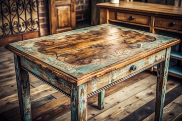 Distressed wooden table with rough surface and aged finish featuring ornate script font and muted colors for vintage ambiance