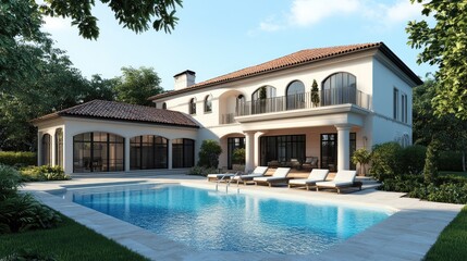 Poster - Beautiful digital rendering of a house featuring a front swimming pool, set against a realistic background, showcasing computer graphics excellence
