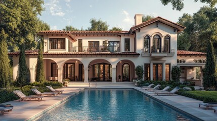Poster - Beautiful house with a front swimming pool, depicted in a realistic digital rendering using advanced computer graphics