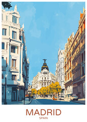 Wall Mural - Madrid Spain Poster Illustration Travel Print Decor Gift Paper Canvas Wall Retro Art