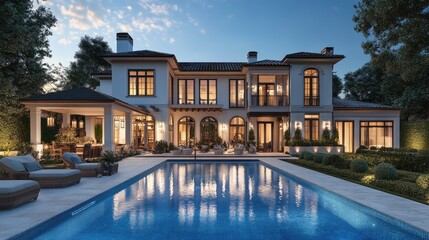 Poster - Digital rendering of a luxurious house with a front-facing swimming pool, set against a realistic background, showcasing high-quality computer graphics