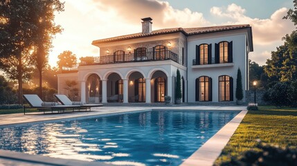 Poster - Digital rendering of a luxurious house with a swimming pool before it, featuring realistic computer graphics and background