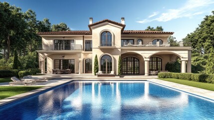 Poster - Digital rendering of a luxurious house with a swimming pool before it, featuring realistic computer graphics and background