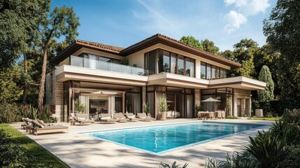 Poster - Digital rendering of a luxurious house with a swimming pool before it, featuring realistic computer graphics and background