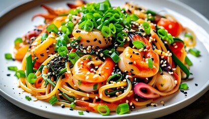 A plate of colorful seafood pasta, paired with fresh vegetables and chives, and sprinkled with sesame seeds on the surface, outlines the temptation of delicious food.