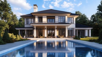 Poster - Digital rendering of an elegant house featuring a swimming pool in front, set against a realistic background using computer graphics
