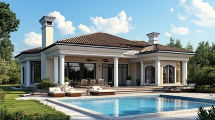Poster - Digital rendering of an elegant house featuring a swimming pool in front, set against a realistic background using computer graphics