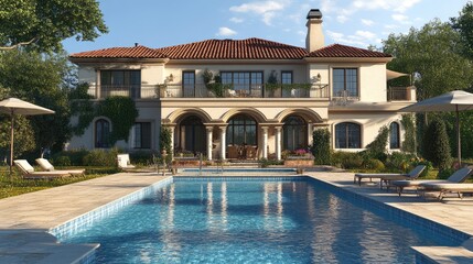 Poster - Digital rendering of an elegant house featuring a swimming pool in front, set against a realistic background using computer graphics