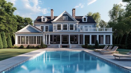 Poster - Digital rendering of an elegant house featuring a swimming pool in front, set against a realistic background using computer graphics