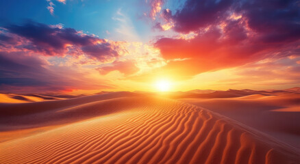 Canvas Print - A beautiful desert landscape with sand dunes and the sun setting in the background