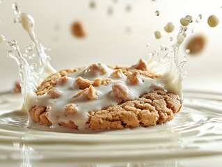 Close-up of a cookie dunked in milk with a splash of milk.