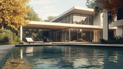Poster - Elegant digitally rendered house featuring a swimming pool in front, set against a lifelike background, showcasing computer graphics