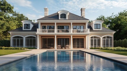 Poster - Elegant house with a swimming pool before it, created using computer graphics, rendered digitally with a lifelike background