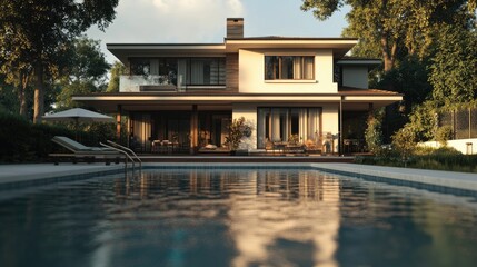 Poster - Elegant house with a swimming pool before it, created using computer graphics, rendered digitally with a lifelike background