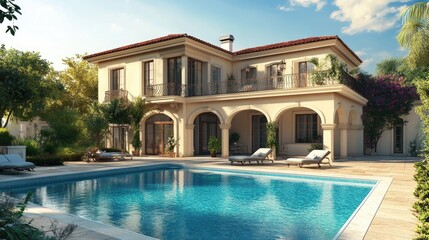 Poster - Elegant house with a swimming pool before it, created using computer graphics, rendered digitally with a lifelike background