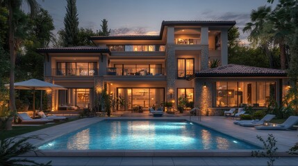 Poster - Elegant house with a swimming pool before it, created using computer graphics, rendered digitally with a lifelike background