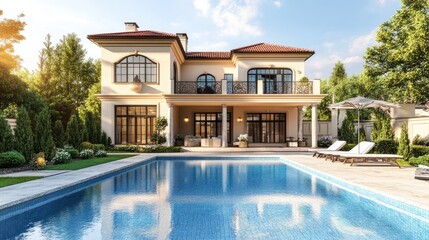 Poster - Elegant house with a swimming pool in front, created using computer graphics, rendered digitally with a realistic backdrop