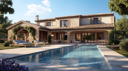 Poster - Elegant house with a swimming pool in front, created using computer graphics, rendered digitally with a realistic backdrop