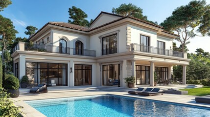 Poster - Elegant house with a swimming pool in front, created using computer graphics, rendered digitally with a realistic backdrop