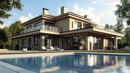 Poster - Elegant house with a swimming pool in front, created using computer graphics, rendered digitally with a realistic backdrop