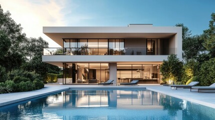 Poster - Elegant modern house with a swimming pool in front, created with realistic computer graphics in a detailed digital rendering
