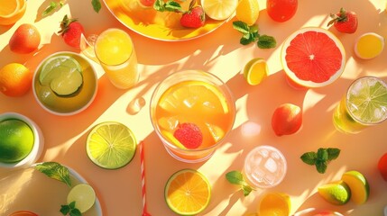 Poster - Healthy dishes and drinks arranged on a table, digitally rendered with vibrant colors and realistic computer graphics