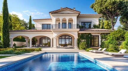 Poster - High-quality digital rendering of a beautiful house with a swimming pool in front, set against a realistic background using computer graphics