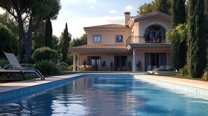 Poster - High-quality digital rendering of a beautiful house with a swimming pool in front, set against a realistic background using computer graphics