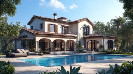 Poster - High-quality digital rendering of a beautiful house with a swimming pool in front, set against a realistic background using computer graphics